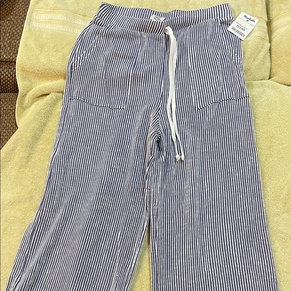 Caution To The Wind Navy Striped Cropped Pants